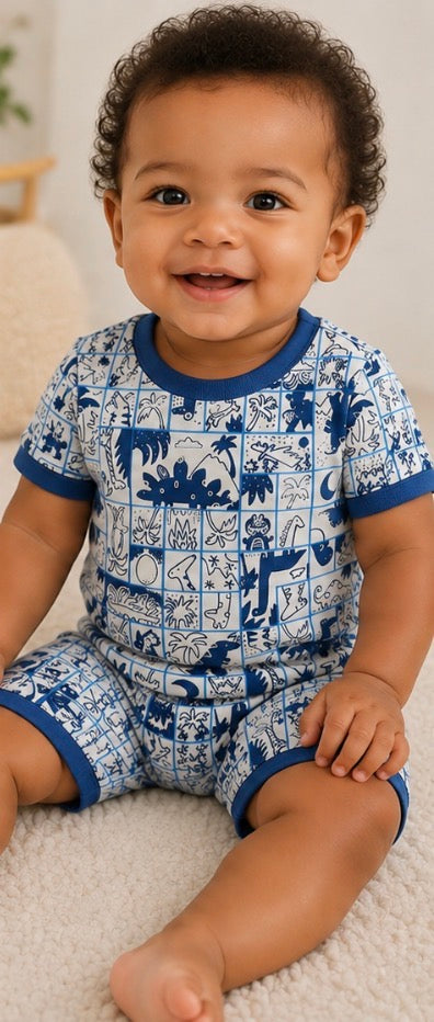 Old Navy Baby Boy 12-18M Dinosaur Pajama Set Blue White 2 Piece Short PJs