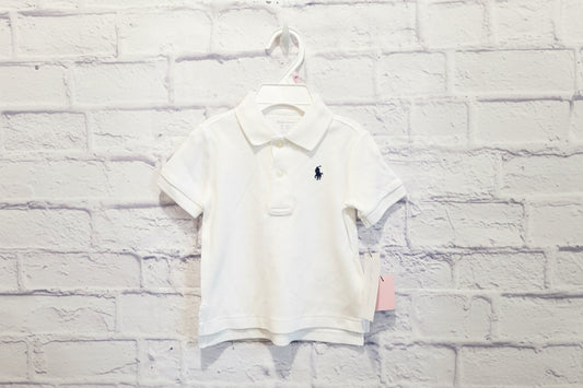 White Baby Polo Navy blue logo- Size 9mons NWT