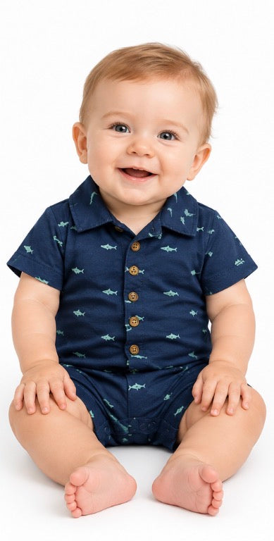 Carter's Child of Mine short-sleeve baby boy romper with a shark print Size 6-9M