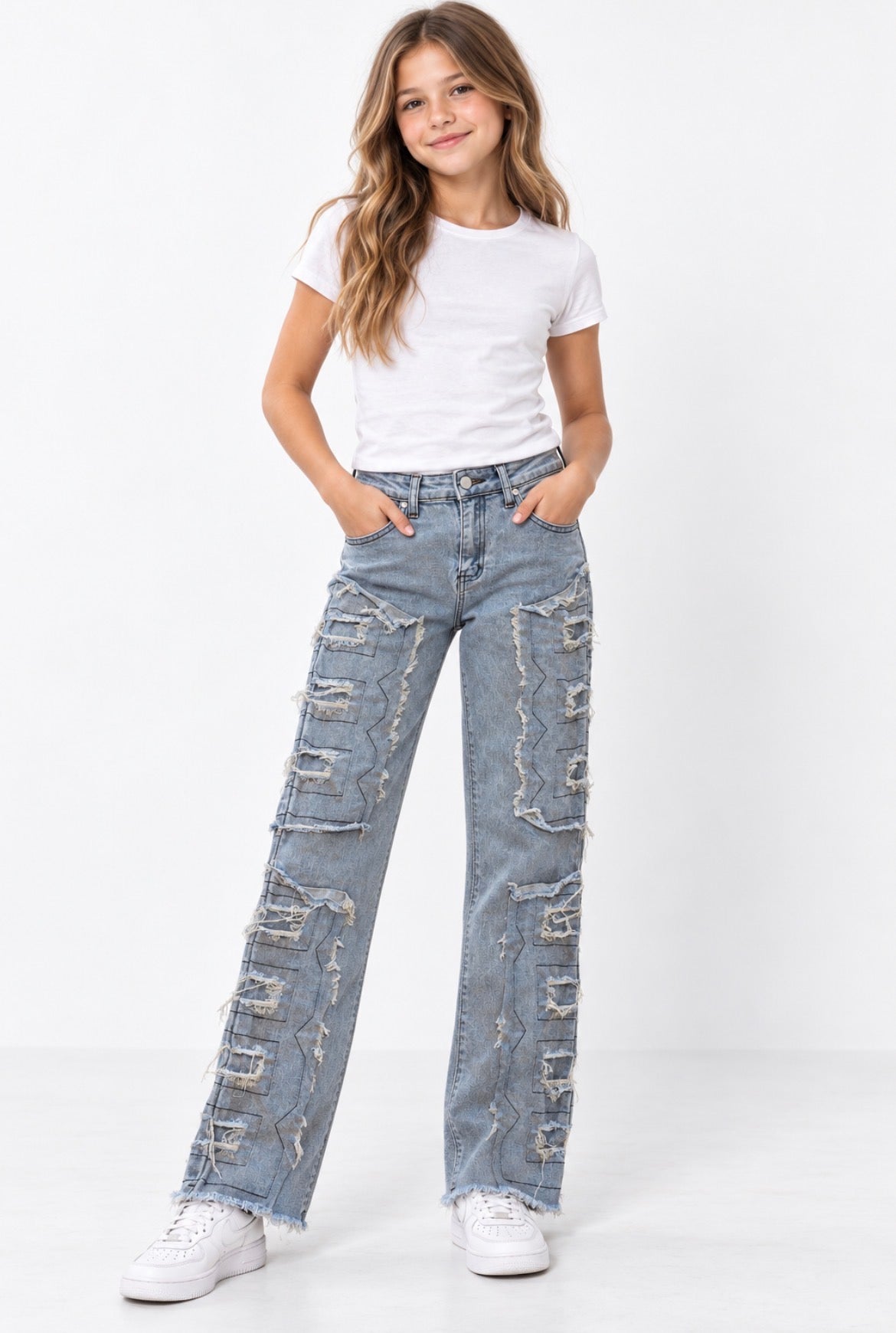 Stylish Distressed Denim Jeans with Unique Stitching Girl’s Size 10/12