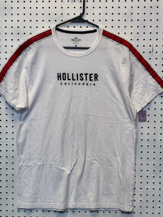 Hollister California men's crew neck t-shirt with red striped shoulders, Size Large