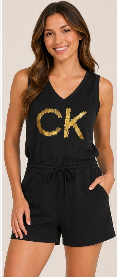 Women’s Black & Gold CK Sleeveless Romper – Size Medium