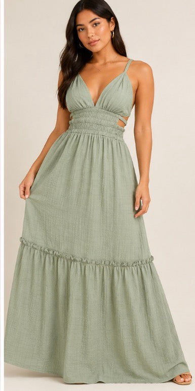 Fashion Nova Ellen Tiered Maxi Dress Sage Green Size Medium NWT