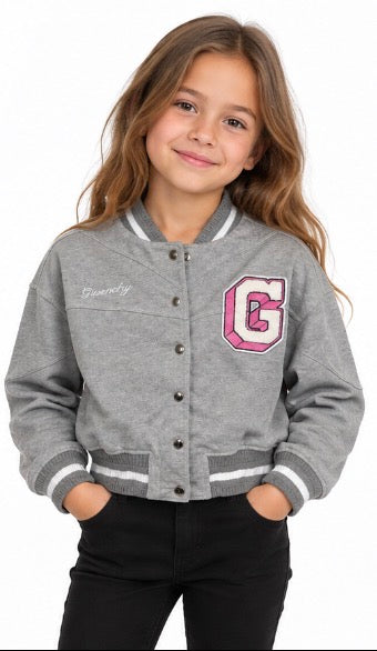 Givenchy Kids logo-patch bomber jacket in a light grey cotton blend with a pink 'G' patch Size 8/10