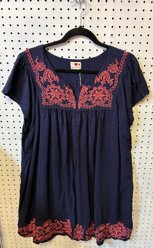 Navy Blue "One Clothing" Brand Boho Dress with Coral Embroidery Women Size 3XL