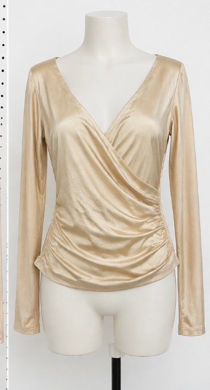 Women’s Champagne Satin Long-Sleeve Ruched Wrap Top