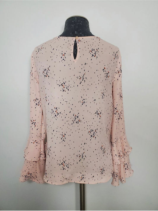a.n.a Size Small Pale Pink Abstract Print Long Bell Sleeve Top with Ruffles~Women’s Size Large 12/14~ Great Condition