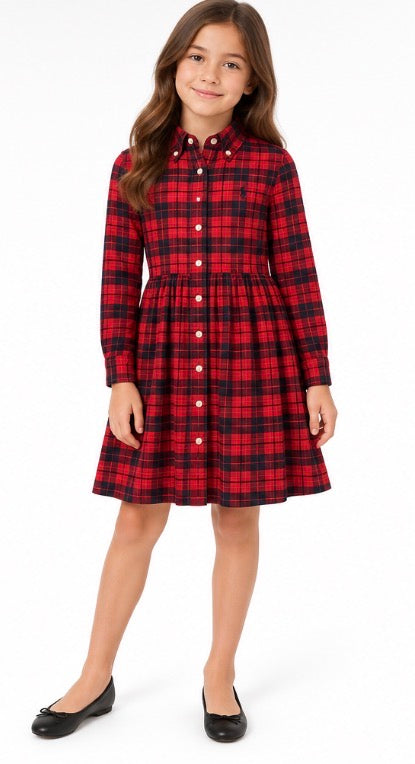 Polo Ralph Lauren Girls Red Plaid Shirt Dress Size 10
