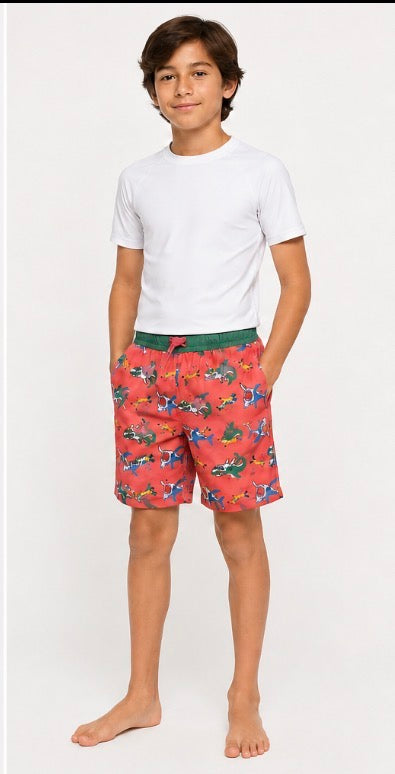 O’Rageous Boys Large Shark Print Swim Trunks Coral Green Lined