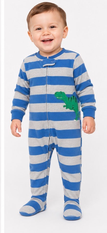 Carter’s Boys Blue & Gray Striped Dinosaur Fleece Footed Pajamas- Size 24mons
