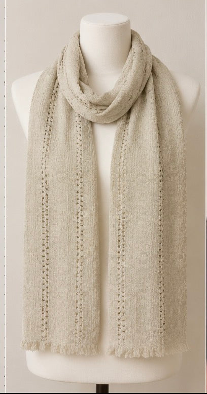 Cream Open-Weave Woven Scarf Wrap with Fringe