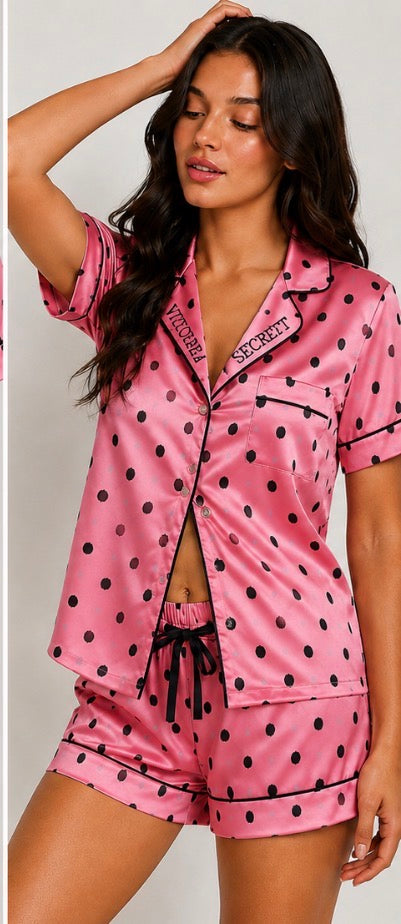 Victoria’s Secret Pink Black Polka Dot Satin Pajama Set XL NWT – 2 Piece