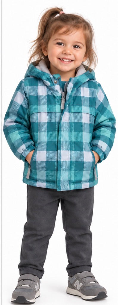 Girls Teal Plaid Fleece-Lined Hooded Jacket Size 2T
