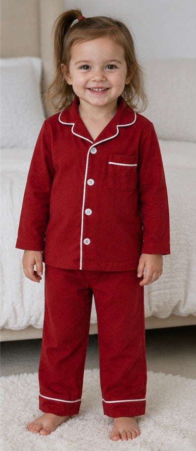 Girls Size 2T Red & White Piped Button-Up Pajama Set