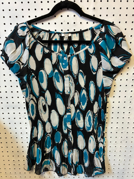 NICOLA Crinkle Button-up Top in Black, White, and Aqua with a Retro Circle Print- Size XL