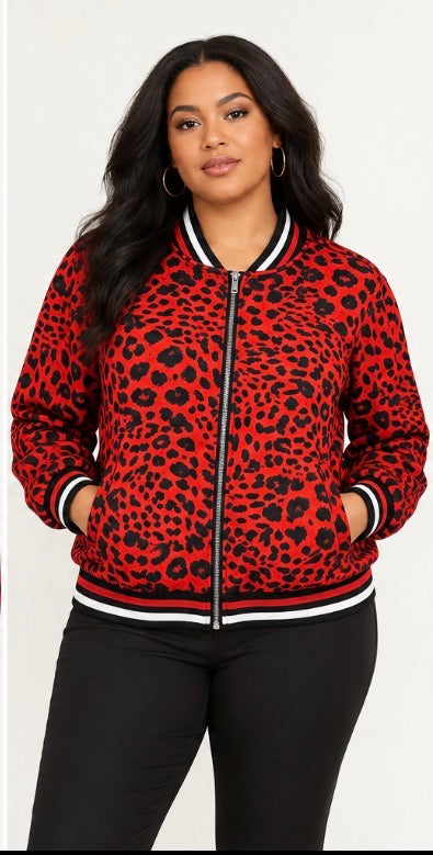 Ashley Stewart red leopard print satin bomber jacket- Size Large