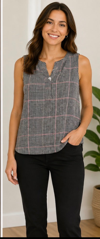 Worthington-black-and-pink-plaid-high-low-tank-top~Women’s Size Medium ~Great Condition