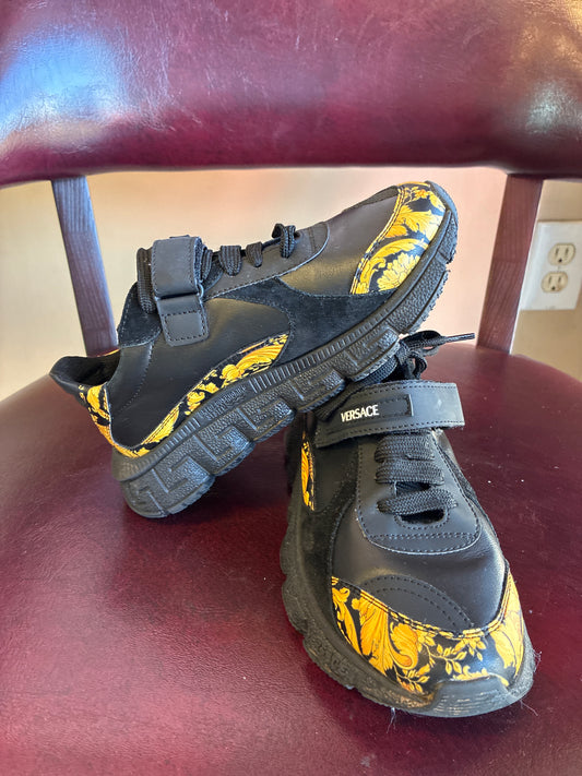 VERSACE-Kids' Trigreca Leather Sneakers In Blackgold Size 1.5 Youth