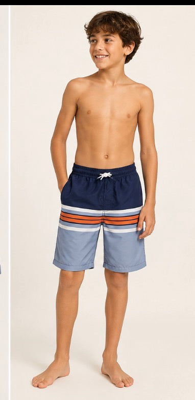 Be Cool Boys Swim Trunks Size 12 Navy Light Blue Orange Striped Board Shorts