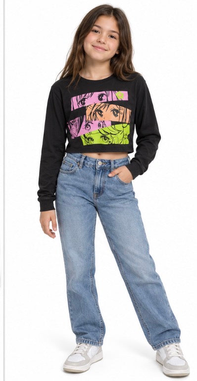 SHEIN Girls Black Anime Graphic Long Sleeve Shirt Size 11–12Y