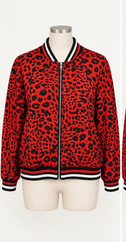 Ashley Stewart red leopard print satin bomber jacket- Size Large