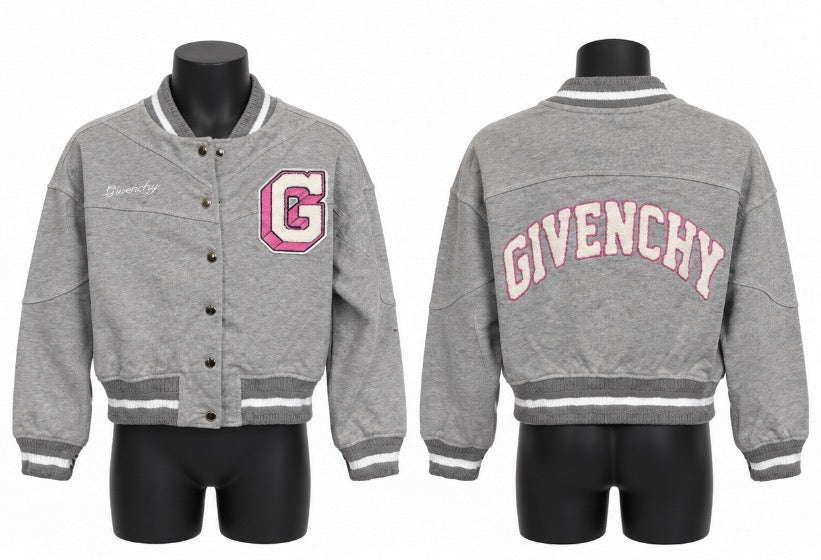Givenchy Kids logo-patch bomber jacket in a light grey cotton blend with a pink 'G' patch Size 8/10