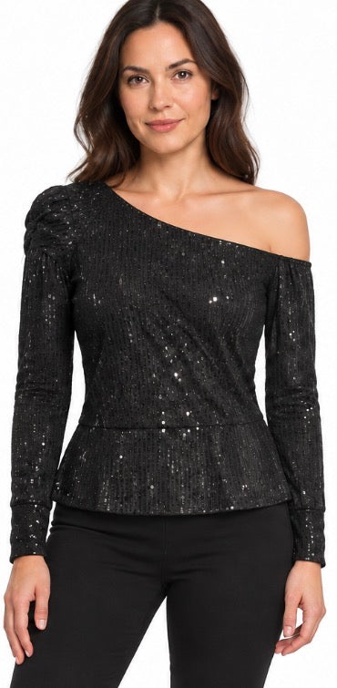 Genhoo Women’s Black Sequin Long Sleeve Peplum Party Top Size Large