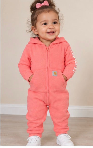 Carhartt Baby Girls’ Coral Pink Hooded One-Piece Jumpsuit – 24M