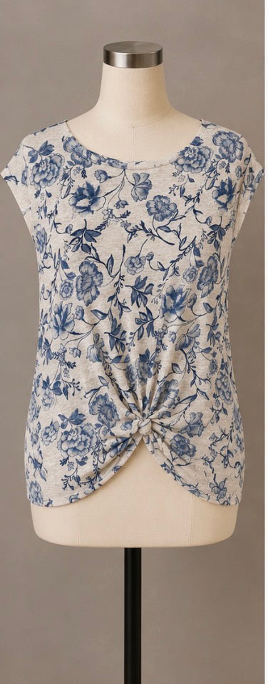 Womens Cynthia Rowley Linen Cap Sleeve Floral Tee Shirt White Blue Size Medium 8/10~Great Condition