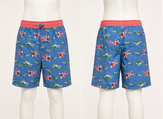 O’Rageous Boys Medium Shark Print Swim Trunks Blue Coral Lined
