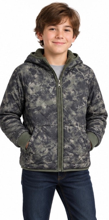 Cat & Jack Kids Reversible Hooded Puffer Jacket Gray Green Size 10/12