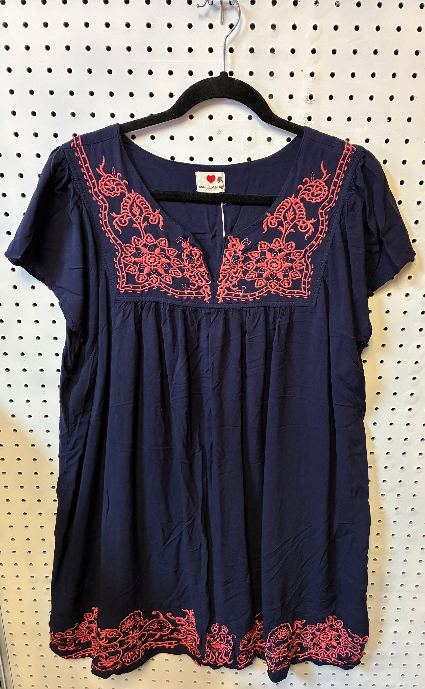 Navy Blue "One Clothing" Brand Boho Dress with Coral Embroidery Women Size 3XL