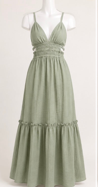 Fashion Nova Ellen Tiered Maxi Dress Sage Green Size Medium NWT