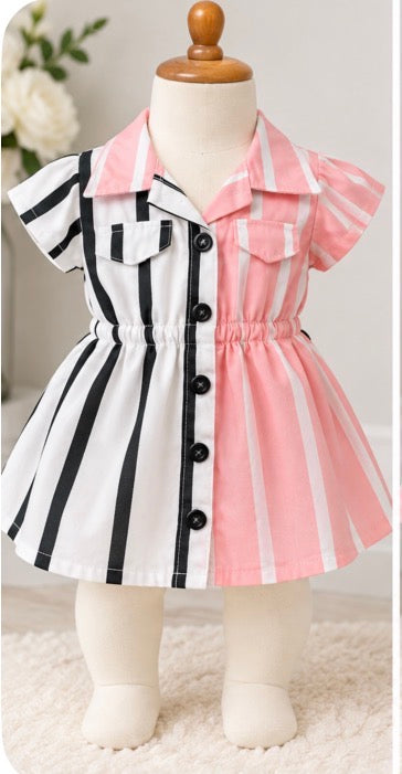 SHEIN Baby Girls’ Pink, Black & White Striped Button-Front Dress – 3–6M
