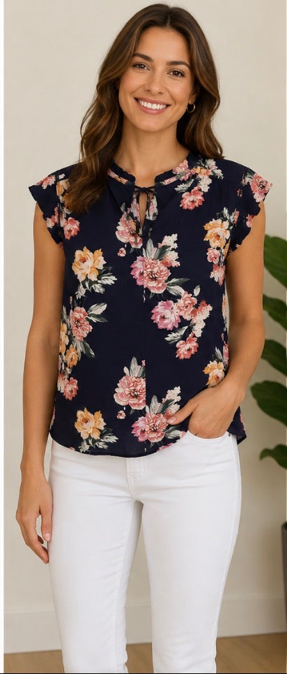 Buffalo-Womens-V-Neck-Flutter-Sleeve Floral Blouse ~Women’s Size Medium ~Excellent Condition