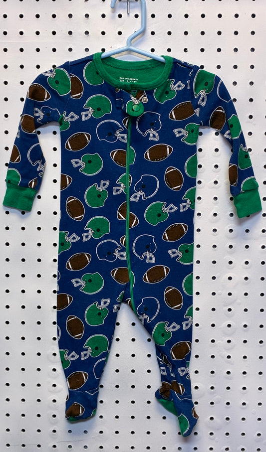 Carter's or The Children's Place boys' blue and green football-themed fleece footed pajama sleeper Size 3-6M