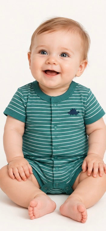 Carter’s Baby Boys Green Striped Dinosaur Romper Size 6 Months
