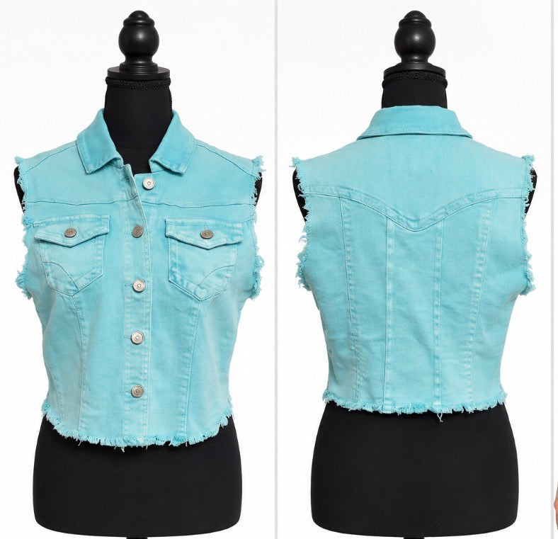 Thread & Supply Women’s Aqua Frayed Denim Vest Large 10/12