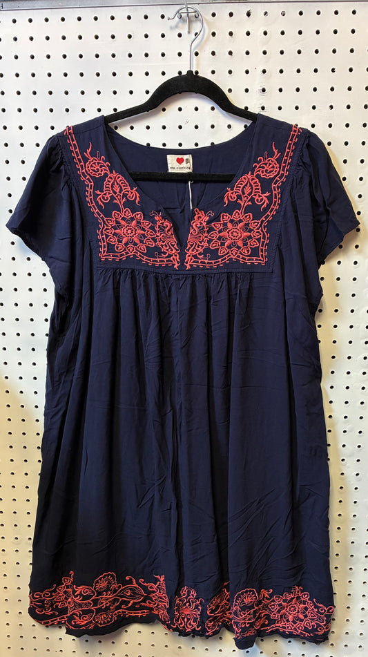 Navy Blue "One Clothing" Brand Boho Dress with Coral Embroidery Women Size 3XL