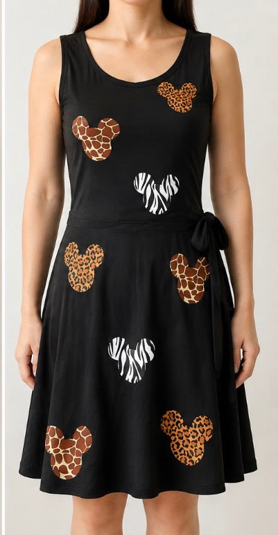 Women’s Black Animal-Print Mickey Silhouette Sleeveless Dress Size M/L