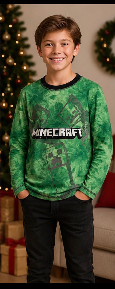 Minecraft Boys Green Long-Sleeve Shirt Size 14