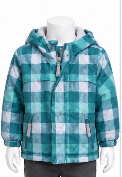 Girls Teal Plaid Fleece-Lined Hooded Jacket Size 2T