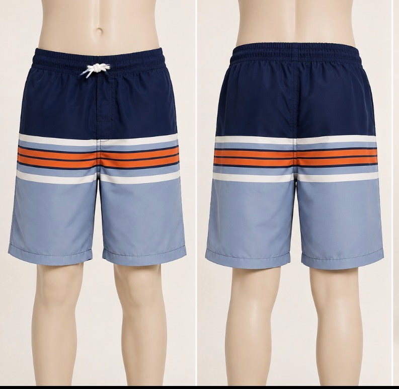 Be Cool Boys Swim Trunks Size 12 Navy Light Blue Orange Striped Board Shorts