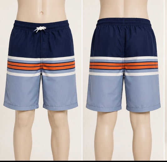 Be Cool Boys Swim Trunks Size 12 Navy Light Blue Orange Striped Board Shorts