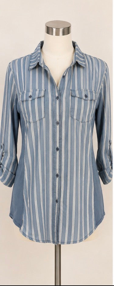 Cisono Women Blue & White Striped Button-Down Shirt – M/L