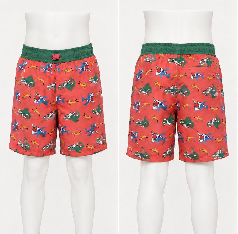 O’Rageous Boys Large Shark Print Swim Trunks Coral Green Lined