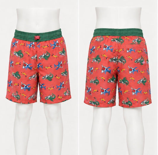 O’Rageous Boys Large Shark Print Swim Trunks Coral Green Lined