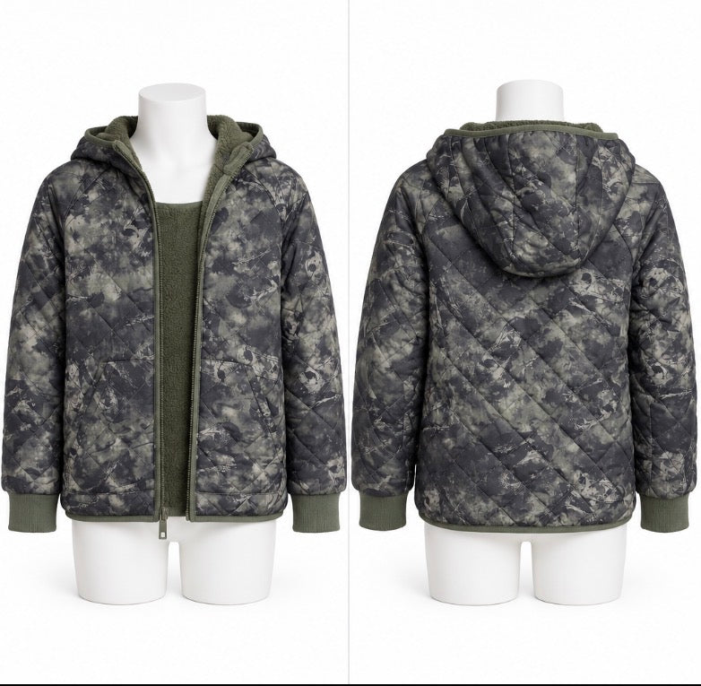 Cat & Jack Kids Reversible Hooded Puffer Jacket Gray Green Size 10/12