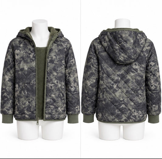 Cat & Jack Kids Reversible Hooded Puffer Jacket Gray Green Size 10/12