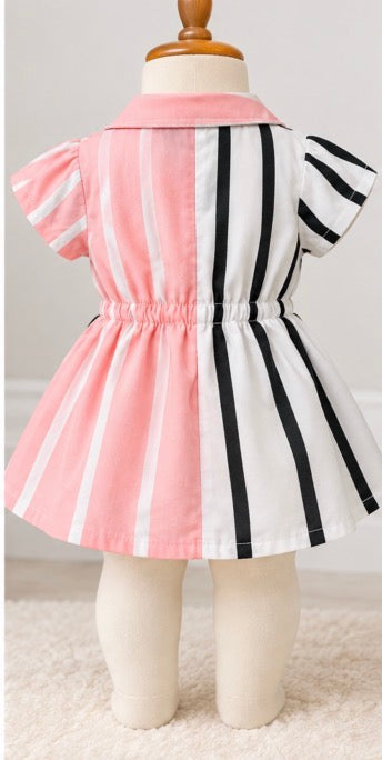 SHEIN Baby Girls’ Pink, Black & White Striped Button-Front Dress – 3–6M